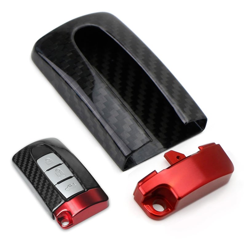 iJDMTOY Genuine Carbon Fiber Custom SK/GT-R Style Large Key Fob Protective Case w/Sports Red Aluminum Trim, Compatible with Nissan or Infiniti Oval Shape Keyless Entry Remote - Image 1